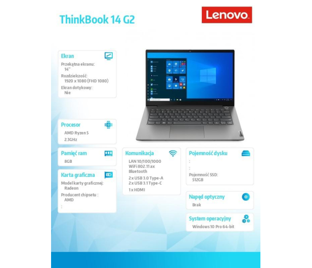 LENOVO ThinkBook 14 G2 AMD Ryzen 5 4500U/8GB/512GB SSD/Radeon/14''/W10P Szary - 623311 - zdjęcie 5